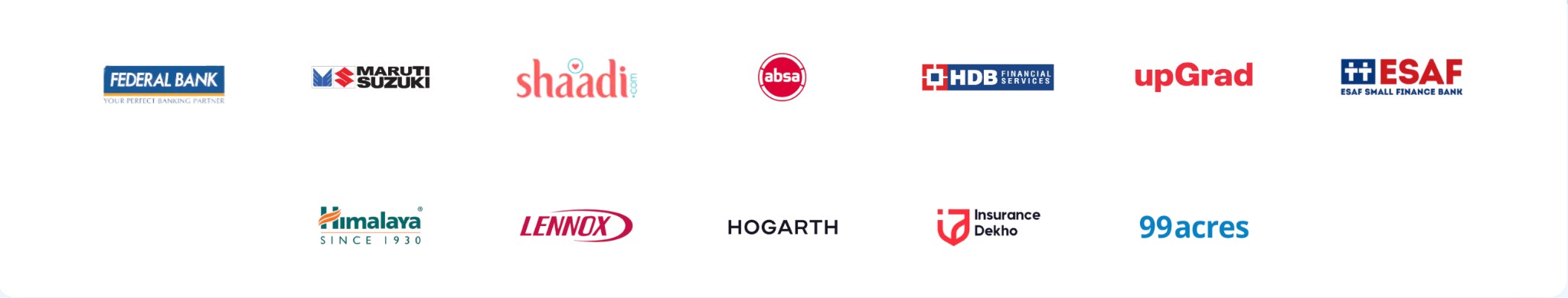 Federal Bank, Maruti Suzuki, shaadi.com, absa, HDB Financial Services, upGrad, ESAF Small Finance Bank, Himalaya, LENNOX, HOGARTH, InsuranceDekho, 99acres